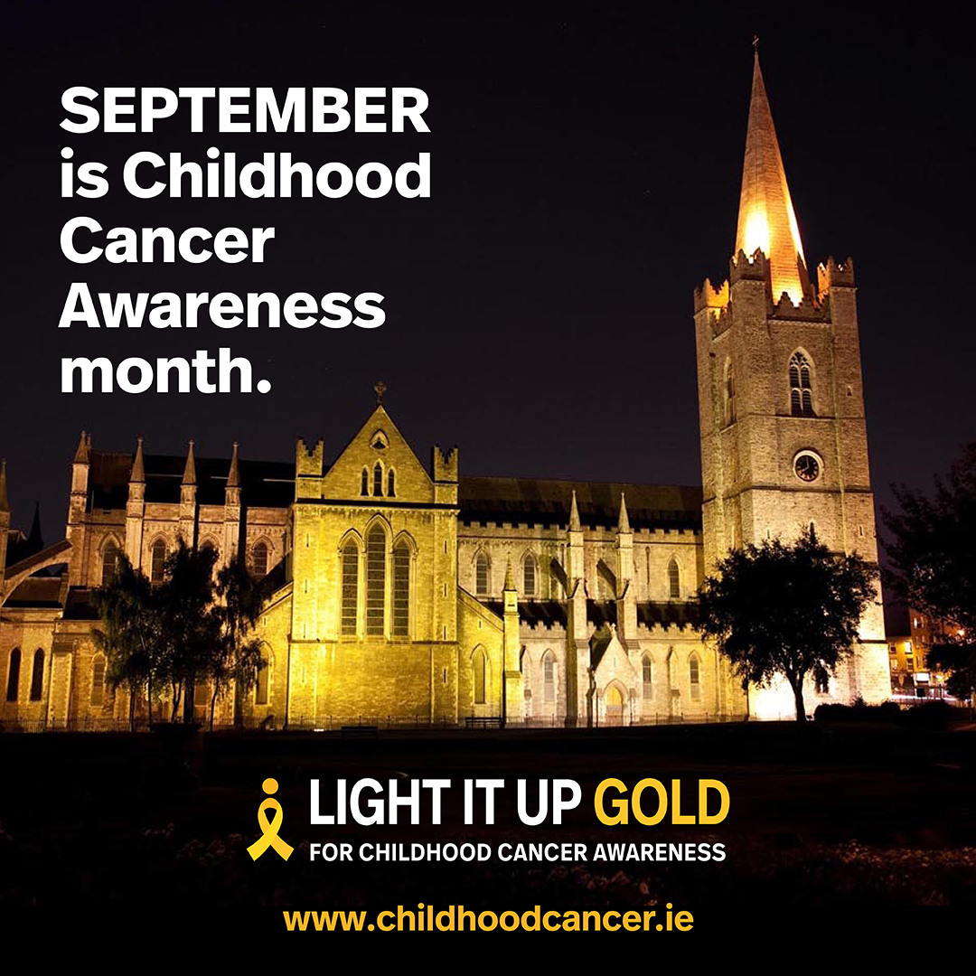 Photo of a church lit up gold at night time. Text: September is Childhood Cancer Awareness Month. Light it up Gold for childhood cancer awareness.