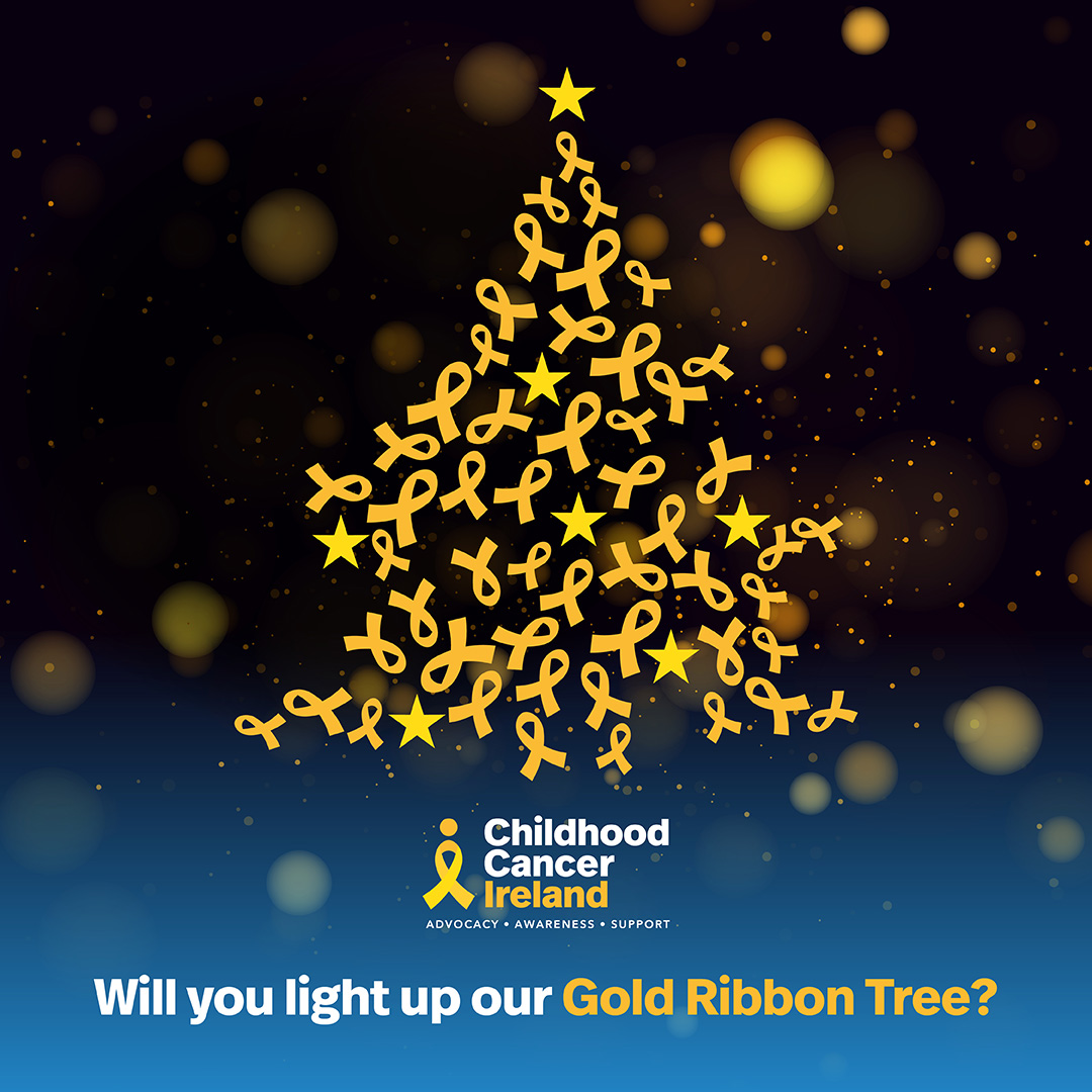 Image of a Christmas tree made out of gold ribbons. The base of the Christmas tree is the Childhood Cancer Ireland logo.