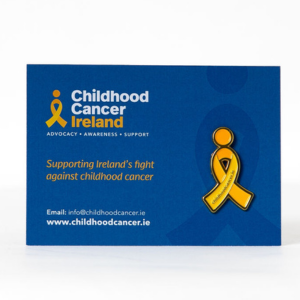 Image of a gold ribbon on a blue card with the Childhood Cancer Ireland logo