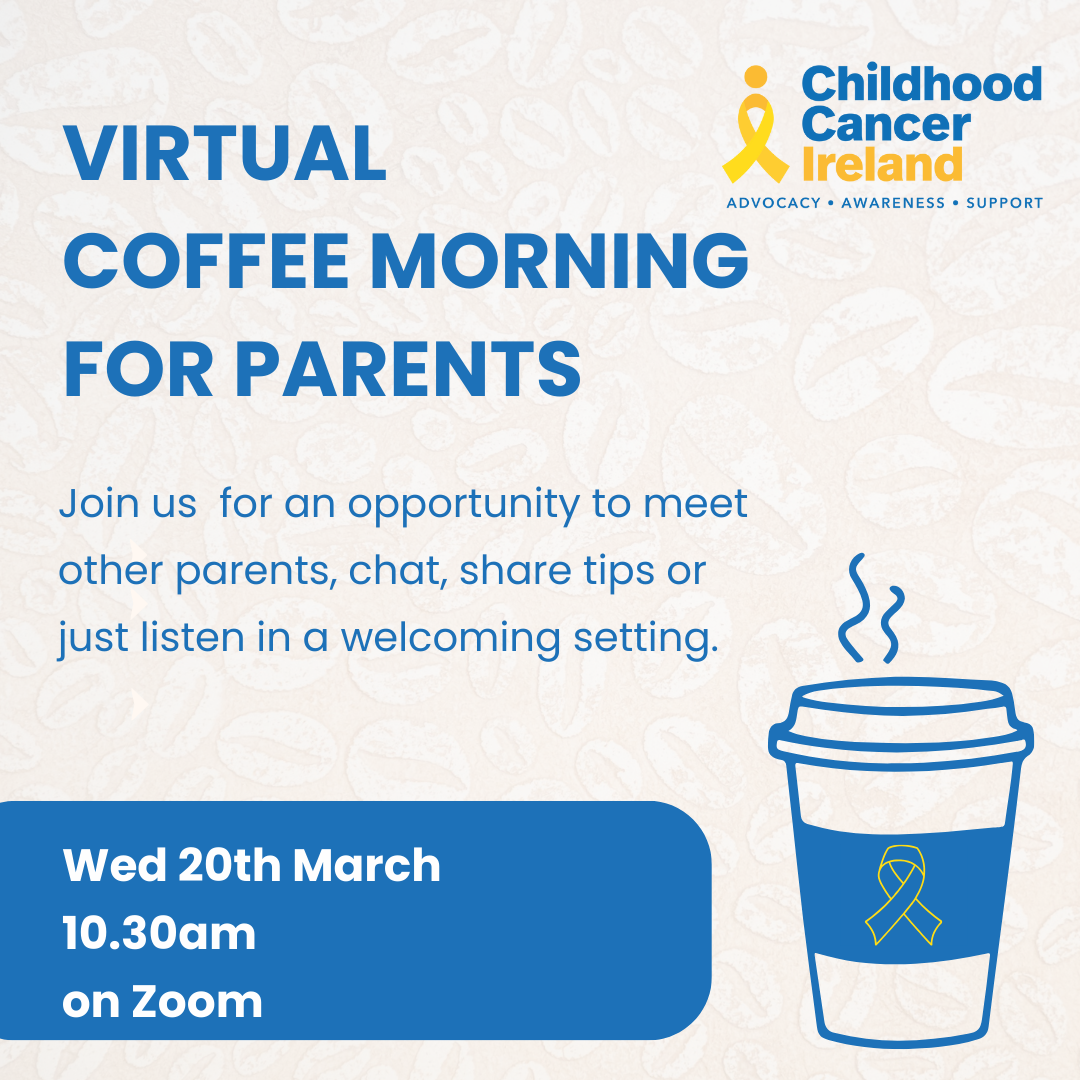Image of a take away coffee cup with steam rising out of it and a gold ribbon on the front. Text: Virtual coffee morning for parents. Join us for an opportunity meet other parents, chat, share tips or just listen in a welcoming environment. WEd 20th Marh 10.30am on Zoom