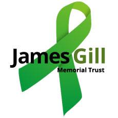 Image of a green cancer ribbon with the words James Gill Memorial Trust