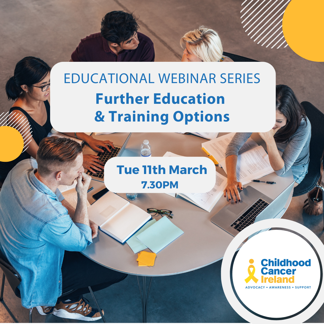 A group of students sitting around a table. Text reads: Educational webinar series. Further education and training. Tue 11th March. 7.30pm.