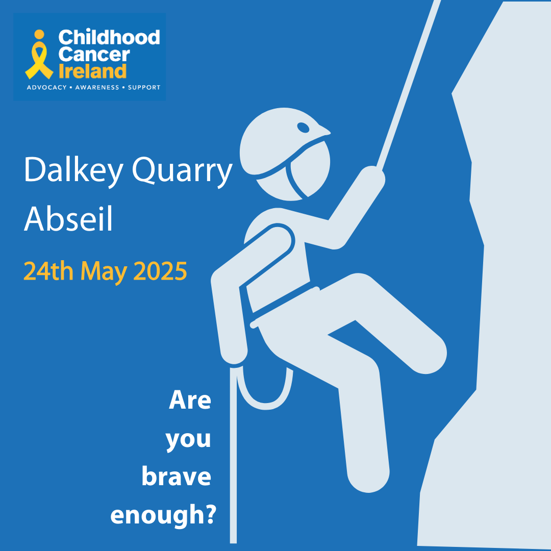 Graphic of a person abseiling down a cliff. The text reads: Dalkey Quarry Abseil. 24th May 2025.