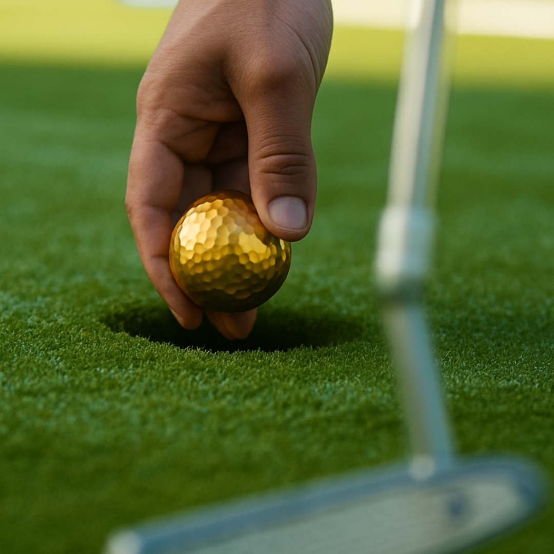 hand putting a gold golf ball on a tee hand putting a gold golf ball on a tee