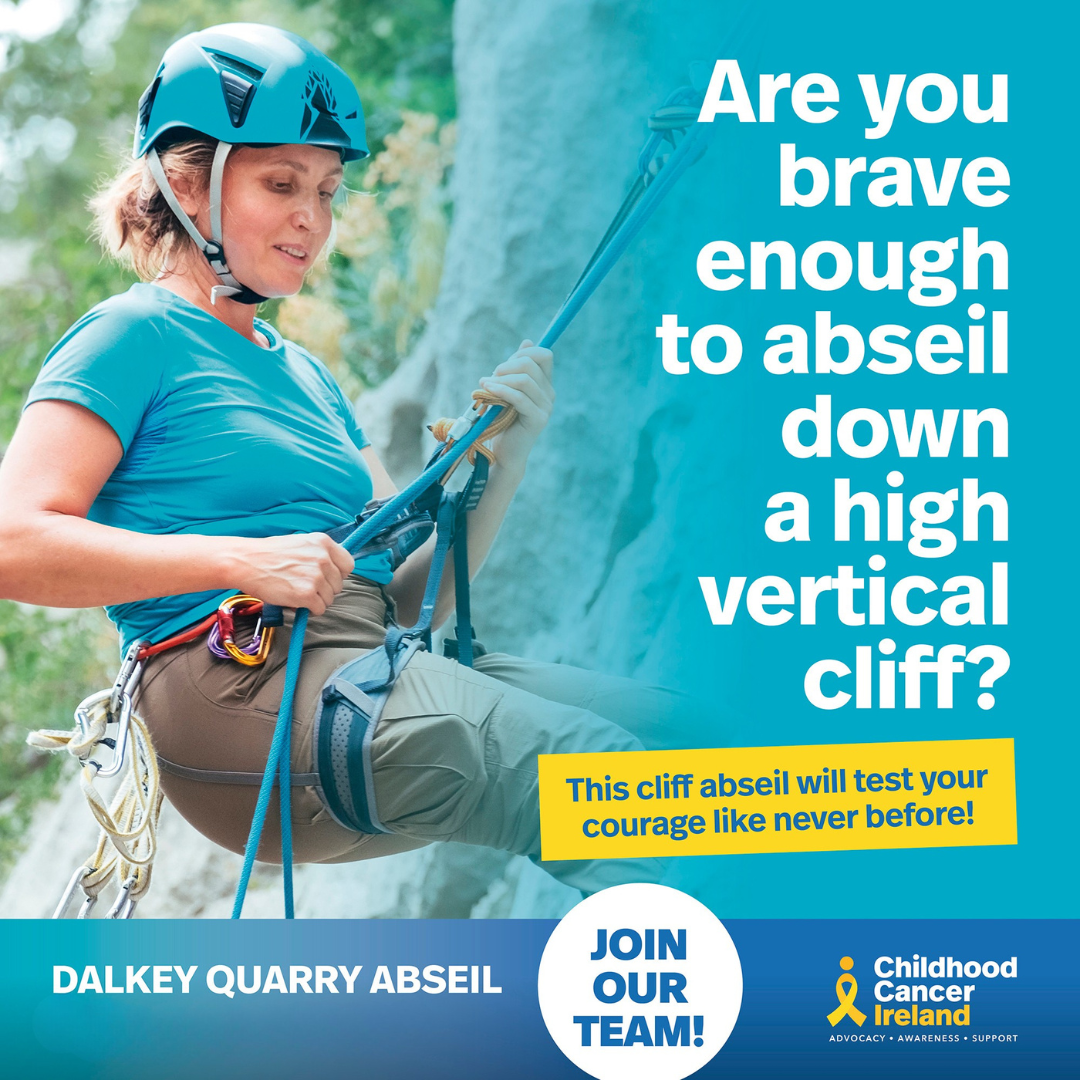 Untitled design Graphic of an abseiler going down a cliff. Text reads: Dalkey Quarry Abseil. 6th Sep 2025. Are you brave enough?