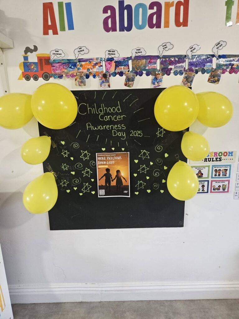 Photo of yellow balloons on a blackboard in a creche with childhood cancer awareness written in the middle