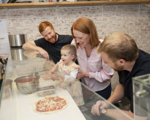 The Dough Bros Eugene and Ronan Greaney making pizza with Ailbhe and her mum Aoife.